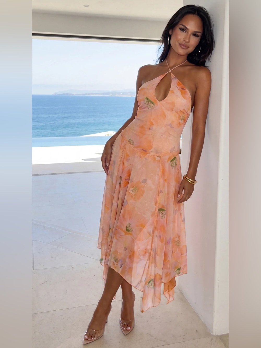 NWT - Esperalia Floral Halter Asymmetric Midi Dress - Orange Multi